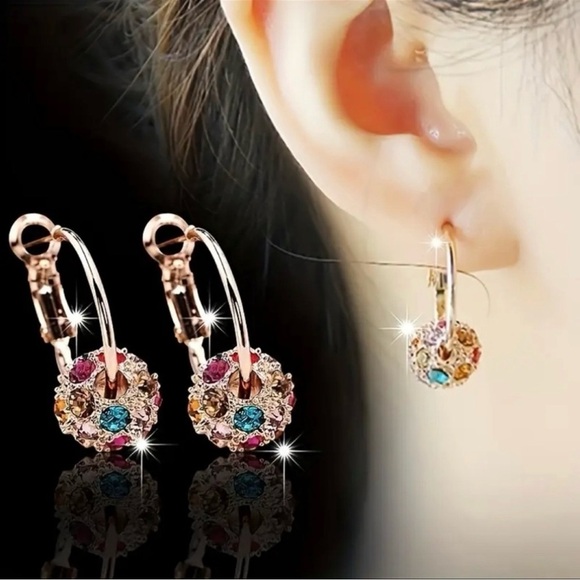 Jewelry - Crystal Ball Hoop Earrings Rhinestones Gold Boho Chic